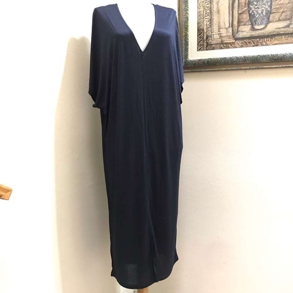 H&M Navy Blue Maxi Kaftan Dress V-Neck Lagenlook Kimono Sleeve Beach Size S